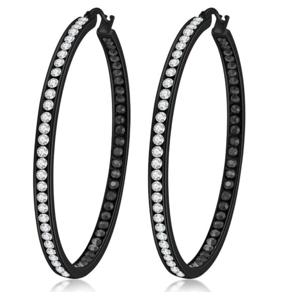 14K Black Gold with Diamond and Onyx Cubic Zirconia Big Hoop Latch Back Earrings - Picture 1 of 6